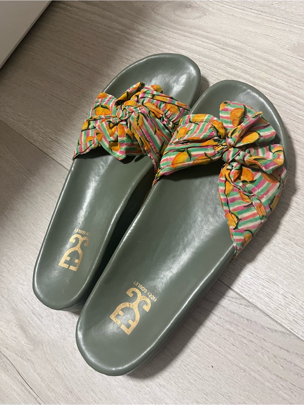 Olive Green Slide Sandals with Mango printed Knot Bow